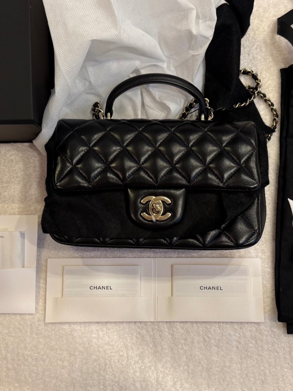 NWT *Authentic* CHANEL 25P mini quilted lambskin shoulder bag w top handle GHW